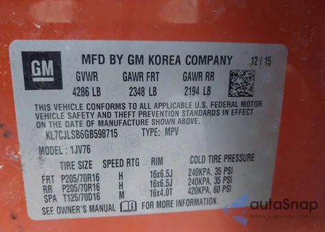 2016 Chevrolet Trax Lt from USA, damaged, VIN KL7CJLSB6GB598715